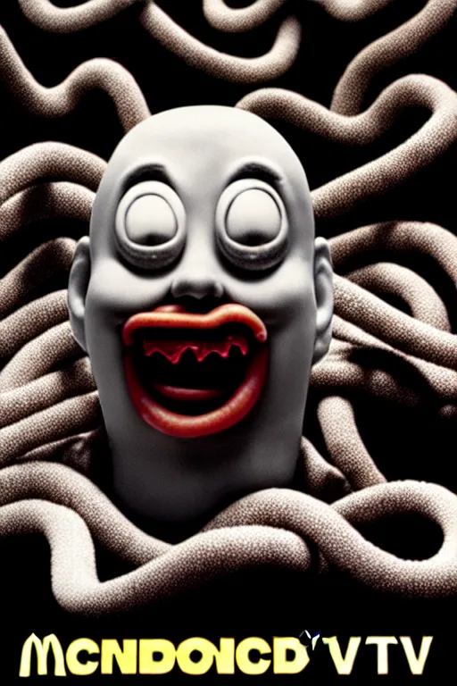 Prompt: mcdonald's horror retro tv advertisement poster, nightmare, big burger surrounded by worms, black and white, ultra realistic, 4 k, digital art, cinematic style of david kronenberg