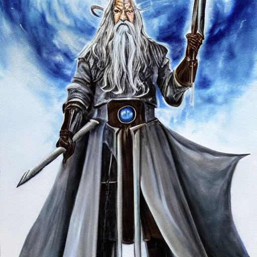 Image similar to gandalf as cyborg mecha, painting