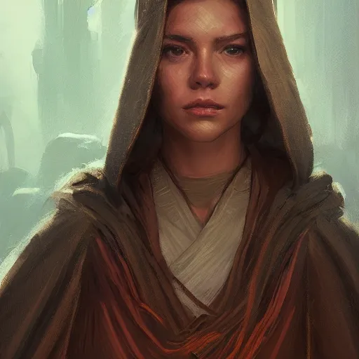 Image similar to portrait of a woman by greg rutkowski, jedi knight jade skywalker, wavy copper hair, jedi robes, star wars expanded universe, she is about 2 0 years old, wearing jedi robes, highly detailed portrait, digital painting, artstation, concept art, smooth, sharp foccus ilustration, artstation hq