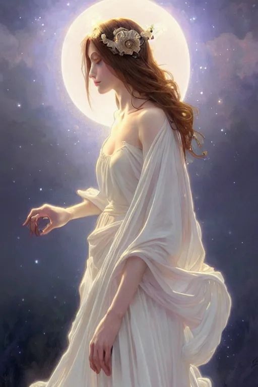 Image similar to Angels in white gauze dresses, the glow of the moonlight, fantasy, intricate, elegant, highly detailed, digital painting, artstation, concept art, matte, sharp focus, illustration, art by Artgerm and Greg Rutkowski and Alphonse Mucha