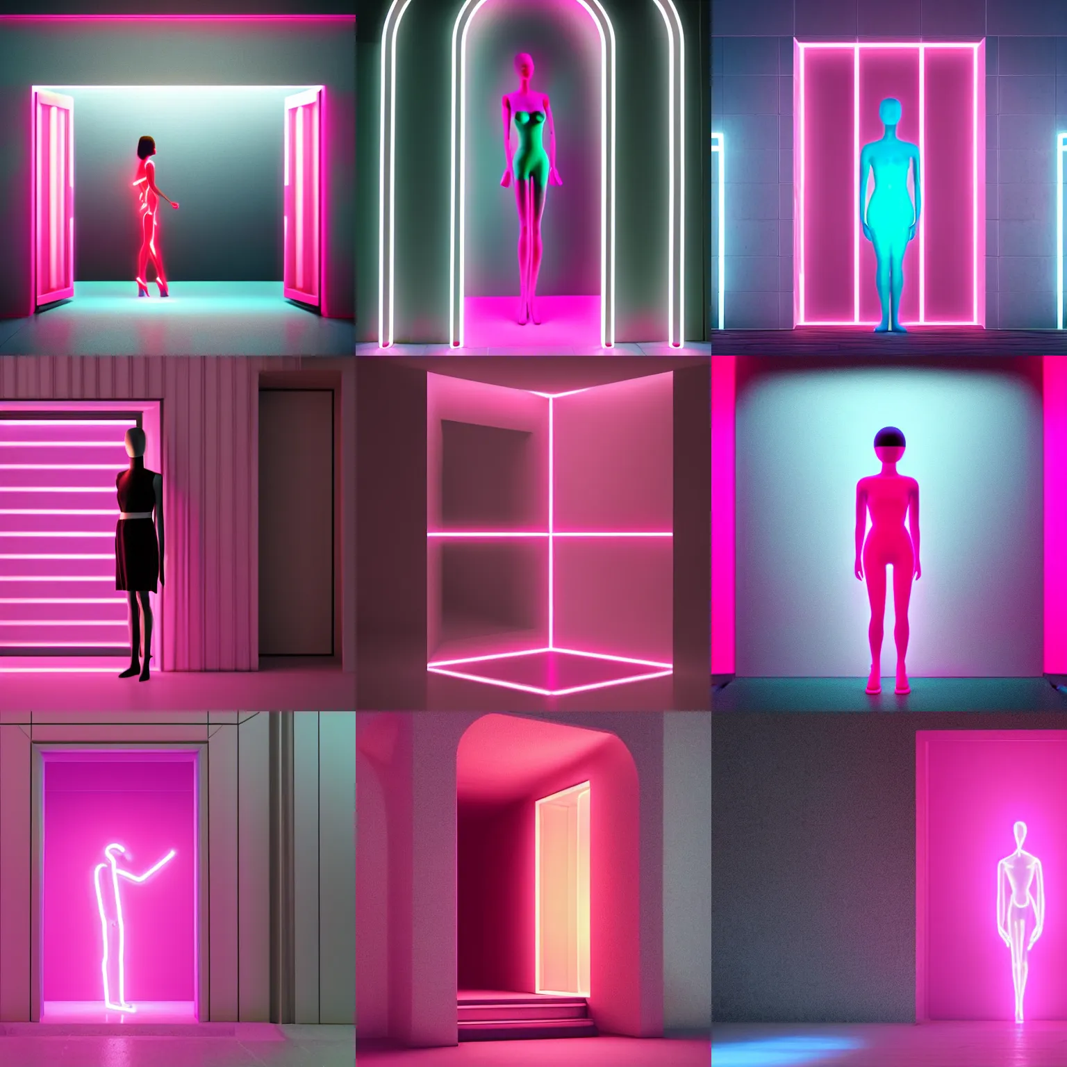 Prompt: “a mannequin facing a giant doorway opening with a neon pink light, 4k, photorealistic, trending on artstation, octane render,” H- 1024 W- 768,