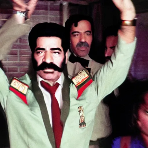 Prompt: A movie still of Saddam Hussein wearing a disco suit in Satuday Night Fever