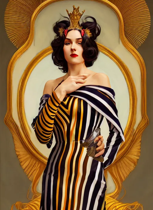 Image similar to leyendecker, brom, tiger striped high necked gown, lovely queen, portrait, long hair, small crown, feral languid woman, by greg rutkowski, anato finnstark, alphonse mucha, global illumination, radiant light