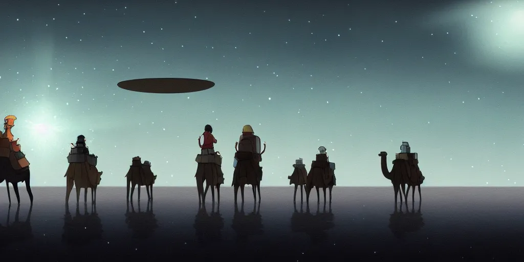 Image similar to a cell - shaded studio ghibli concept art of a hovering ufo shining a spotlight on a camel caravan in a flooded stonehenge desert on a misty starry night. very dull colors, hd, 4 k, hq