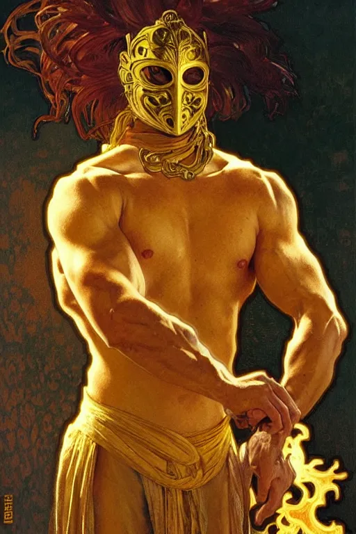 Image similar to A man wearing golden mask, hair like fire, muscular, painting by greg rutkowski and alphonse mucha