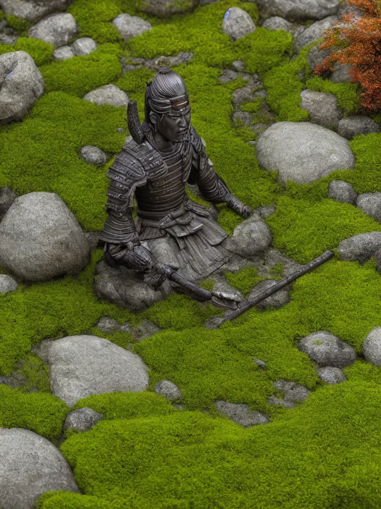 Prompt: cinematic late evening scenery of a ancient samurai with highly detailed face and closed eyes, sitting in contemplation in the middle of a miniature japanese zen garden, cherry blossom trees, mossy stones, a small lit latern, moody vanishing light, cinematic, hyperdetailed, artstation, deviantart, hyperdetailed, 4K