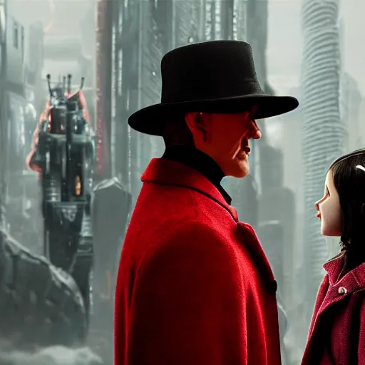 Image similar to a highly detailed epic cinematic concept art, cyberpunk, a thin man in a black coat and bowler hat talks with small young girl who is dressed in a red coat and a red hat, park, autumn, high detail, width 768