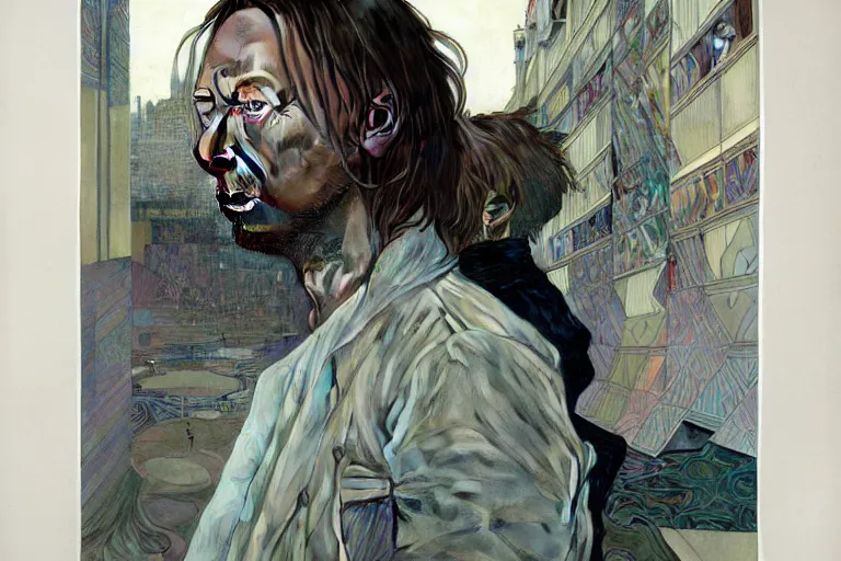 Image similar to hyper realistic portrait of thom yorke singer songwriter, side, liminal space, inside empty parking lot, by lee bermejo, alphonse mucha and greg rutkowski