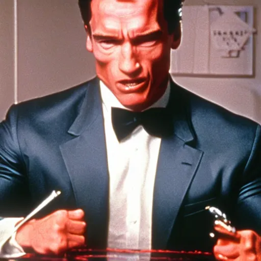 Prompt: arnold schwarzenegger as patrick bateman in american psycho