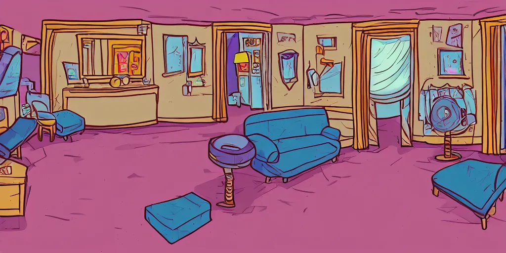 Image similar to a dimly lit, theater dressing room, with a mirror, a chair, a couch, day of the tentacle style, drawn by Peter Chan, 5 point perspective