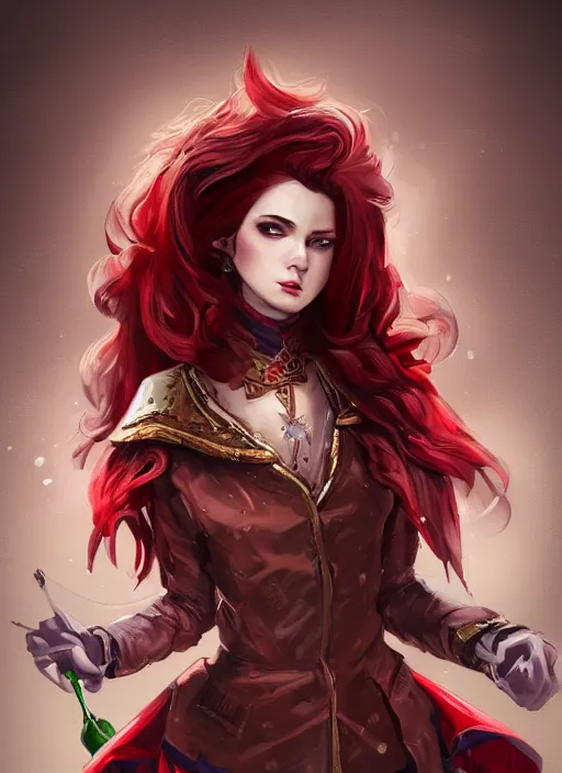 Image similar to a highly detailed illustration of beautiful long dark red haired woman wearing wine red epaulette uniform and coat cape, dramatic wielding strings pose, intricate, elegant, highly detailed, centered, digital painting, artstation, concept art, smooth, sharp focus, league of legends concept art, wlop