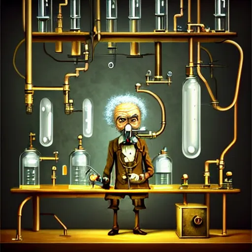 Prompt: steampunk mad scientist Funny cartoonish with test tubes at a science lab, einstein, old mad scientist, by Gediminas Pranckevicius H 704