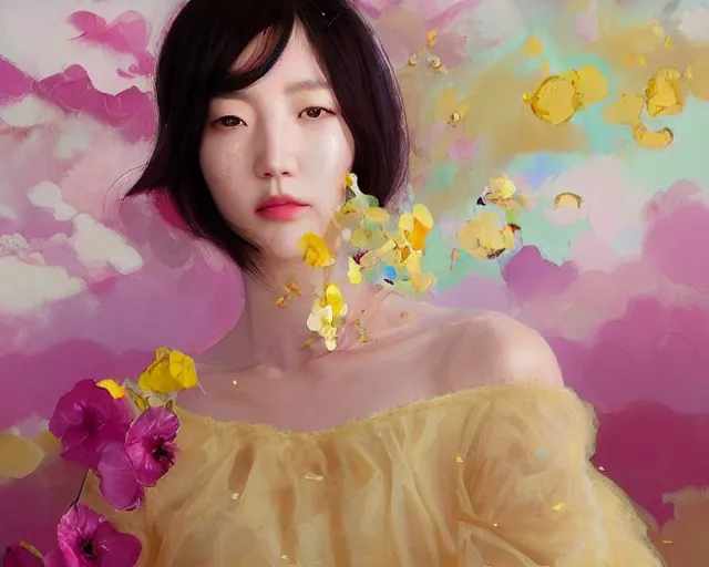 Prompt: lee jin - eun in elegant chic interstellar lush dress emerging from gold gold by martine johanna, michael garmash and katsuhiro otomo, rule of thirds, seductive look, beautiful, cotton candy clouds, puyallup berteronian, himalayan poppy flowers, gorgeous, face anatomy, masterpiece, refined beautiful