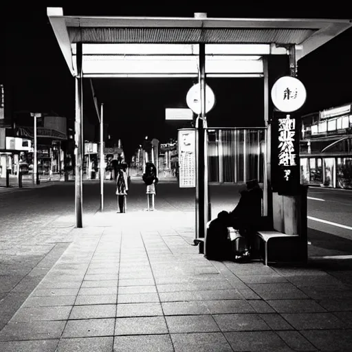 Image similar to a some people waiting in a lone bus stop in quiet dark city night in Genshin Impact, high quality, high resolution,detailed