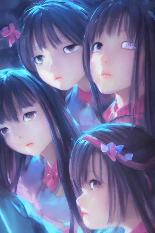Prompt: 3d infrared octane render concept art by Mo Xiang Tong Xiu, by Igarashi Daisuke, by makoto shinkai, cute beauty cozy portrait anime schoolgirls under dark pink and blue tones, mirror room. light rays. water bellow. smooth pretty realistic face. big and sad eyes. dramatic light, trending on artstation, oil painting brush