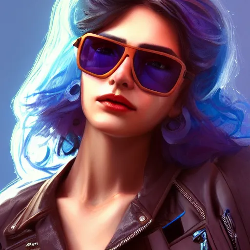 Prompt: closeup painting of a very beautiful young mexican cyberpunk woman smirking, wearing light blue shades and a leather jacket, one side haircut, long brown hair with light blue ends, portrait, hyperdetailed, artstation, cgsociety, 8 k