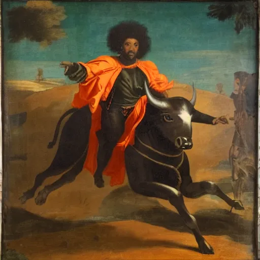 Prompt: photograph of a black man with afro hair wearing an army green cloak, riding!!! an orange colored bull!!!, renaissance style painting