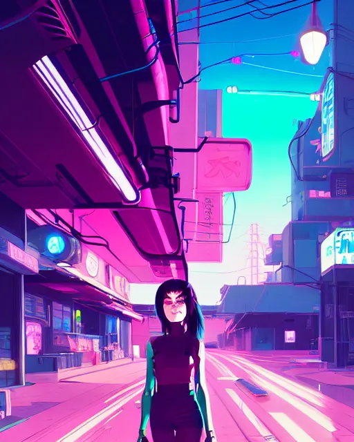 Image similar to digital illustration of cyberpunk pretty girl with pink hair, standing by a blue ford gt in a street at night, under streetlights, by makoto shinkai, ilya kuvshinov, lois van baarle, rossdraws, basquiat