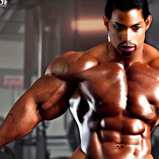 Image similar to Prince with the physique of a body builder, realistic, detailed, cinematic, dynamic lighting, photorealistic, refined, intricate, digital art, background a gym, masterpiece, 8k