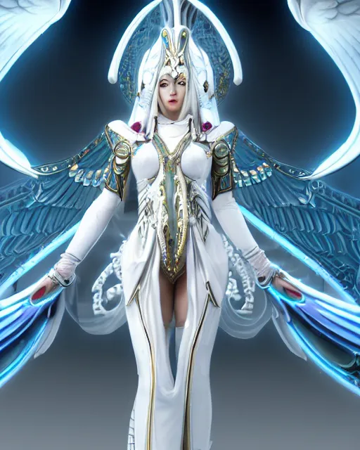 Image similar to perfect ornate white haired attractive egyptian goddess with huge white dove wings, warframe armor, beautiful, symmetric, dreamy, half asian, pretty face, blue eyes, detailed, scifi platform, laboratory, experiment, 4 k, ultra realistic, epic lighting, android body, illuminated, cinematic, masterpiece, art by akihito tsukushi, voidstar