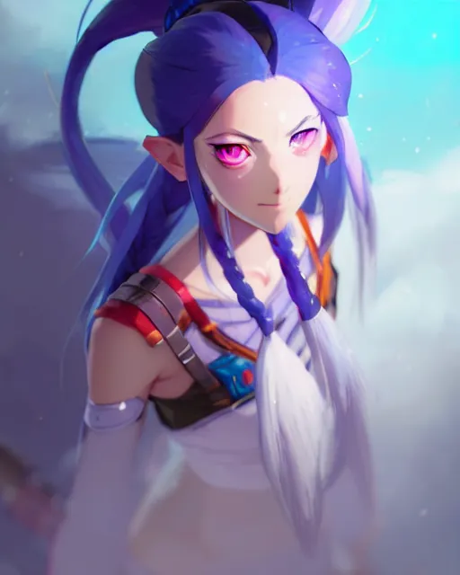 Image similar to jinx from league of legends, blue pigtails hair, detailed perfect face, exquisite details, fire magic, mid view, design on a white background, by studio muti, greg rutkowski makoto shinkai takashi takeuch studio ghibli