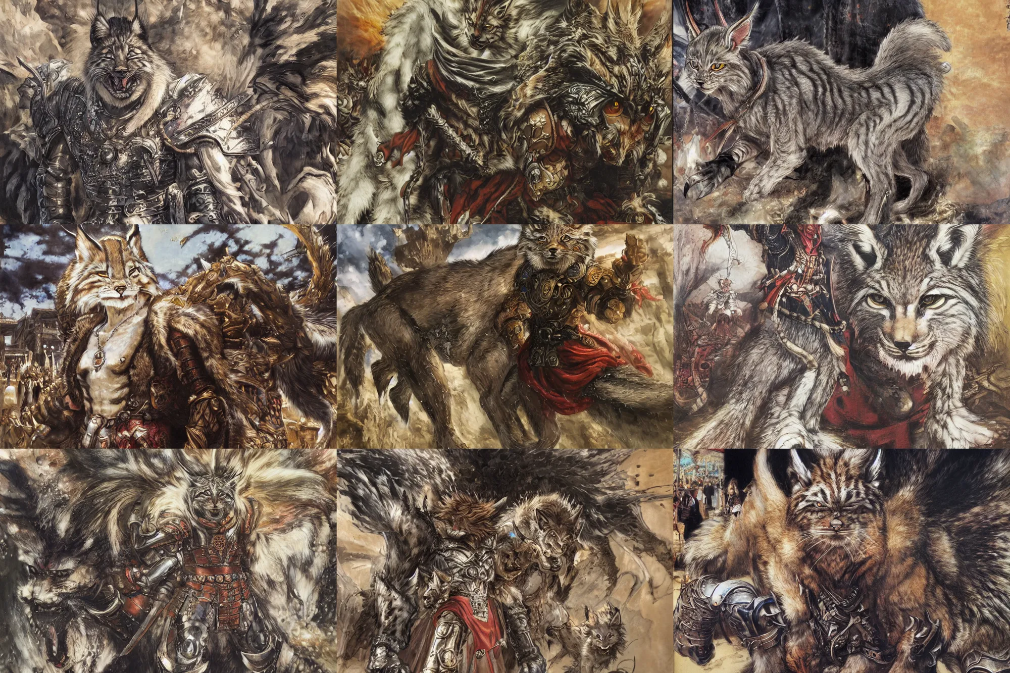 Image similar to 8k Yoshitaka Amano painting of upper body of a young cool looking lynx beast-man with white mane at a medieval market at windy day. Depth of field. He is wearing complex fantasy armors. He has huge paws. Renaissance style lighting.