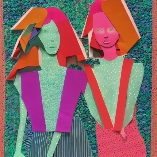 Image similar to paper collage art made of cut up magazines depicting two women holding hands in a trippy forest