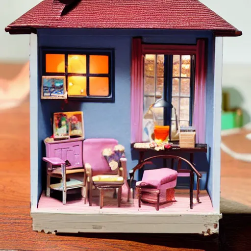 Prompt: photo of miniature doll house diorama