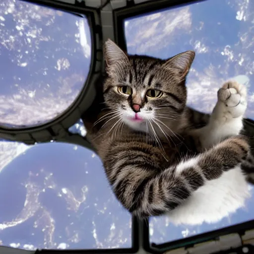 Image similar to Photo of a cat floating inside the International Space Station, realistic award-winning