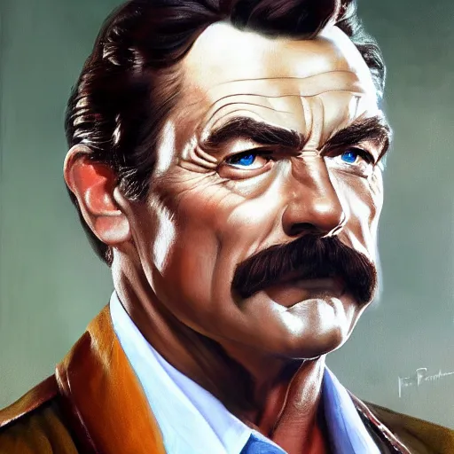 Prompt: ultra realistic portrait painting of tom selleck as dutch van der linde, art by frank frazetta, 4 k, ultra realistic, highly detailed, epic lighting