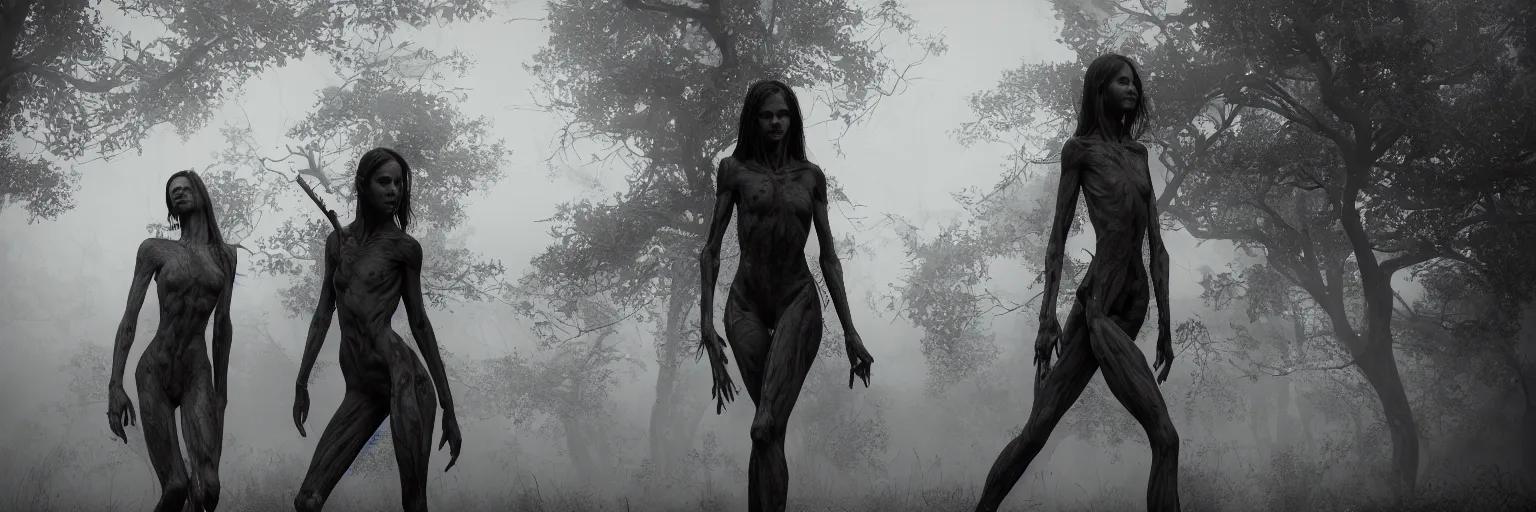 Image similar to epic fantasy render of a two beautiful skinny women body, long dark hairs, detailed anatomy, woods, black fog, black and white, highly detailed, cinematic, hyperrealism, dynamic lighting, octane render