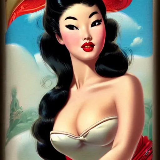 Image similar to pin - up portrait of a beautiful young curvaceous mulan, pretty long hair, intense flirting, showing curves, symmetrical face, digital art, smooth, extremely detailed,, by wu bayard, by gil elvgren, by ralph horsley, by hanks steve