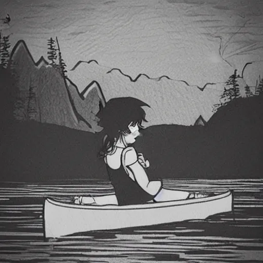 Prompt: “ a girl holding a beer, in a canoe on a river, mountains in fog, manga drawing, by paul pope ”