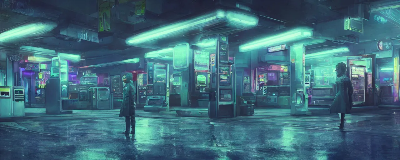 Prompt: a scene from the matrix that takes place in a gas station in the night time, vaporwave aesthetic, neon signs, superliminal 8 k uhd, unreal engine, octane render in the artstyle of finnian macmanus, john park and greg rutkowski