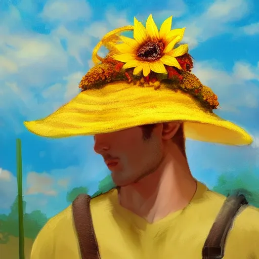 Prompt: a man wears a sunflower hat, bloom, artstation