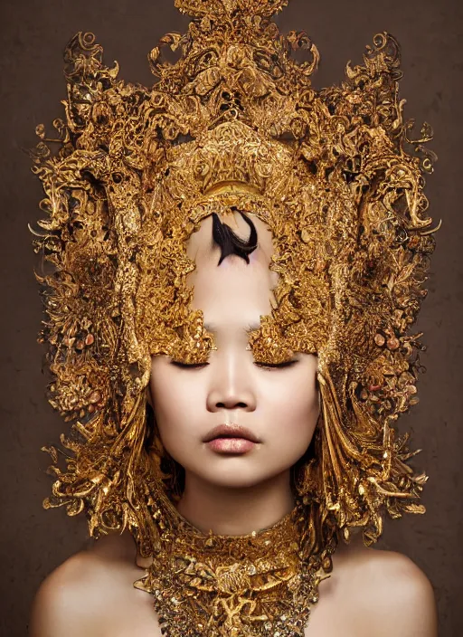 Prompt: a portrait of asian female by stefan geselle and nekro borja, hyper realistic, fantasy, elegant, baroque gold headpiece, photorealistic, canon r 3, photography, wide shot, symmetrical features, symmetrical pose, wide angle shot, head to toe, standing pose, feet on the ground, wearable art