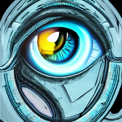 Image similar to Cybernetic Eye with intricate reflections, Close up, colorful, fantasy, vivid colors, concept art, sharp focus, digital art, Hyper-realistic, 4K, Unreal Engine, Highly Detailed, HD, Dramatic Lighting by Brom, trending on Artstation