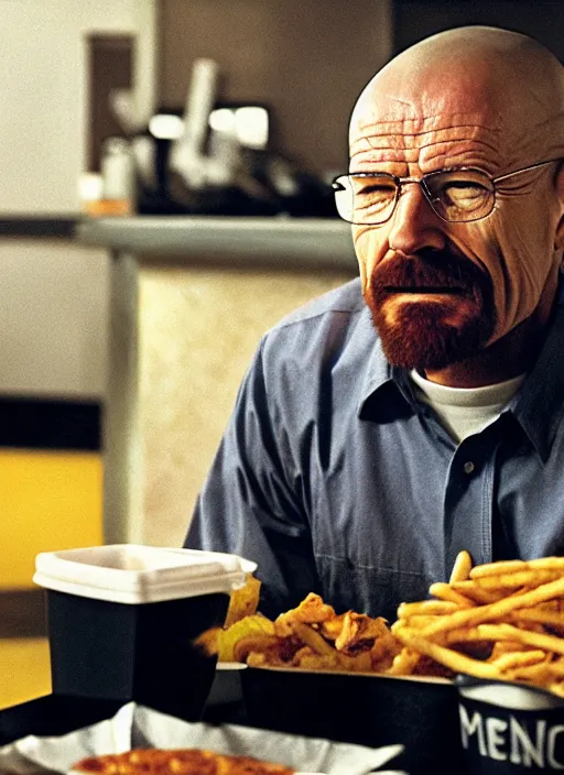 Prompt: portrait of walter white eating chicken sitting down in a fast food restaurant, 4K HD
