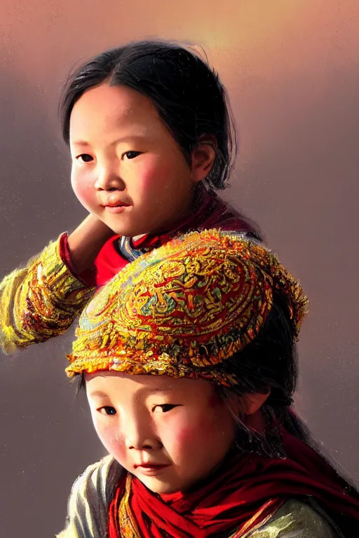 Image similar to Tibetan little girl, joyful, close-up portrait, intricate, elegant, volumetric lighting, scenery, digital painting, highly detailed, artstation, sharp focus, illustration, concept art, ruan jia, steve mccurry