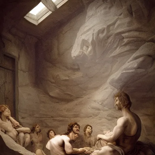 Image similar to isolation chamber of the prehistoric creators, in the style of David Geddes, Élisabeth Vigée Le Brun, dramatic lighting, establishing shot, detailed and clear beautiful realistic faces, 8k resolution – W 1024