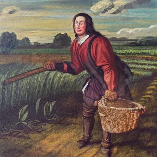 Image similar to david cameron as a 1 7 th century peasant toiling in the fields, painting, restored, 1 7 th century art