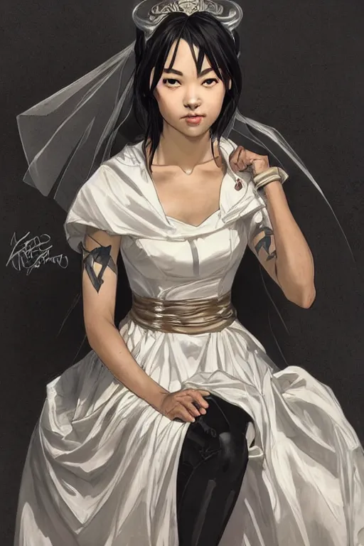 Prompt: cassandra cain sitting in your lap wearing a wedding dress, near the camera, low camera angle, cg animation, riot entertainment, arcane, realistic, character select portrait, by artgerm, greg rutkowski, alphonse mucha, 3 d