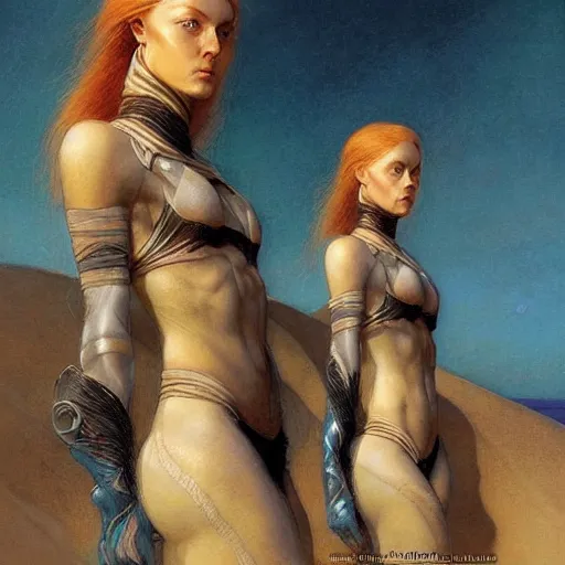 Image similar to beautiful female Fremen on Dune, by Edgar Maxence and Ross Tran and Michael Whelan and Gustav Klimpt