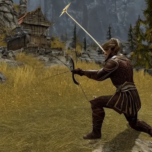 Prompt: a skyrim guard taking an arrow to the knee