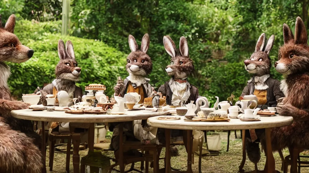 Prompt: film still from the movie chappie outdoor park plants garden scene bokeh depth of field several figures sitting down at a table having a delicious grand victorian tea party crumpets furry anthro anthropomorphic stylized cat ears wolf muzzle head fox fur rabbit bunny