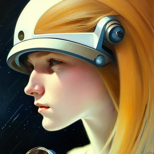 Image similar to A portrait of a blonde girl wearing a vintage sci-fi astronaut helmet, face, intricate, elegant, highly detailed, digital painting, artstation, concept art, smooth, sharp focus, illustration, art by Krenz Cushart and Artem Demura and alphonse mucha