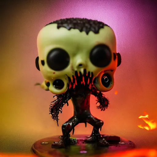Prompt: funko pop doll of a terrifying lovecraftian giant mechanized melting zombie on fire taken in a light box with studio lighting, high detail, some background blur