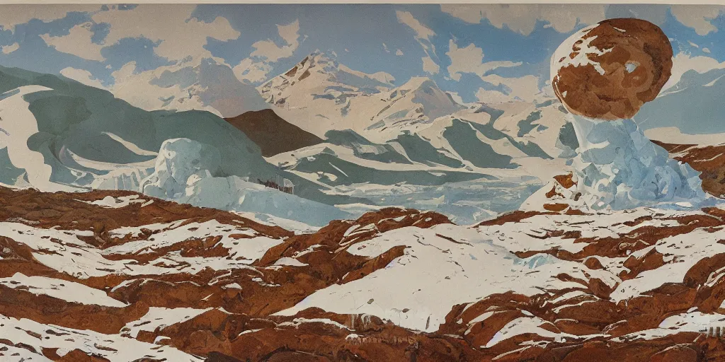 Image similar to illustration of landscape made of ice cream, (petro poster) by Reginald Montague Lander, (By Tom Purvis), By Joseph Binder