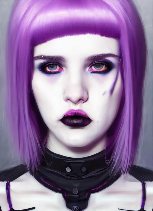 Image similar to portrait of white teenage girl, normal face, white bangs, mall goth, cyberlox, black and white hair, bangs, fluffy bangs, red contact lenses, purple lipstick, intricate, elegant, highly detailed, digital painting, artstation, concept art, sharp focus, smooth, illustration, art by wlop, mars ravelo and greg rutkowski