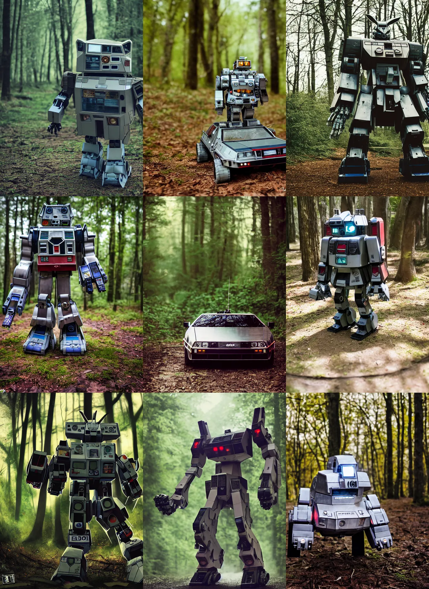 Prompt: a 3 5 mm photo from the front of a giant mecha armored war delorean robot chubby cute rabbit as gundam delorean walking in the woods, splash art, movie still, bokeh, canon 5 0 mm, cinematic lighting, dramatic, film, photography, depth of field, award - winning, backlighting, overcast, 8 k, hyper detailed, 3 5 mm film grain